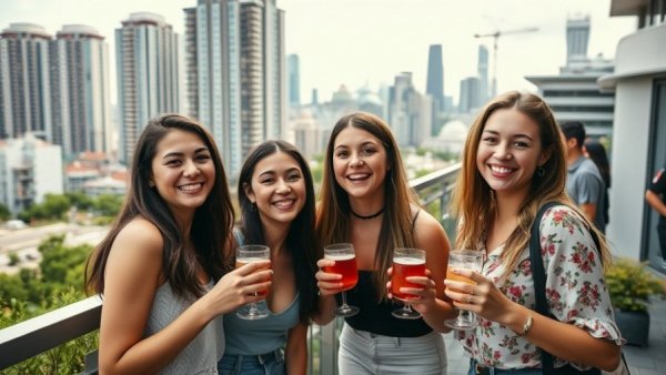 San Antonio arts events: Women enjoying rooftop drinks with city view.