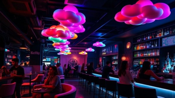 San Antonio nightlife: vibrant bar with neon lights and patrons.