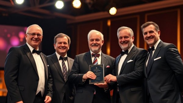 BRG leadership updates event: Group in formal wear presenting an award on stage.