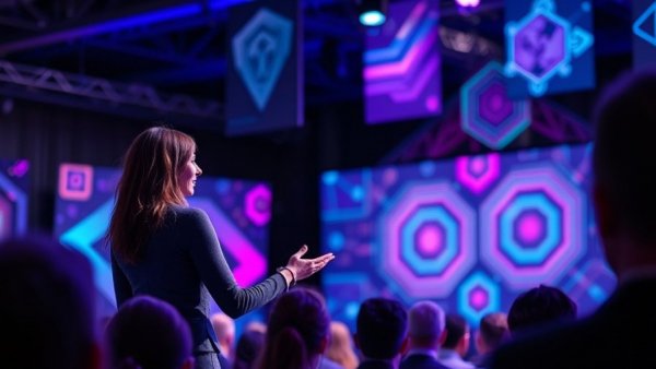 Woman speaking at HR technology conference with digital banners