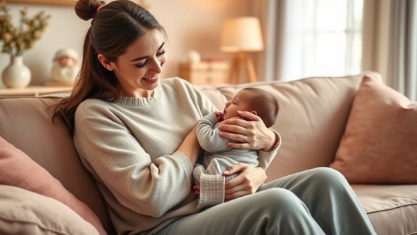 Mother holding baby on sofa for postpartum self-care.