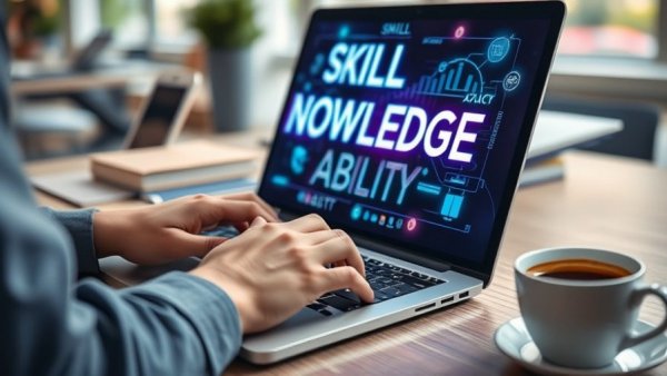 Skills development strategy 2025 interface on laptop in modern workspace.