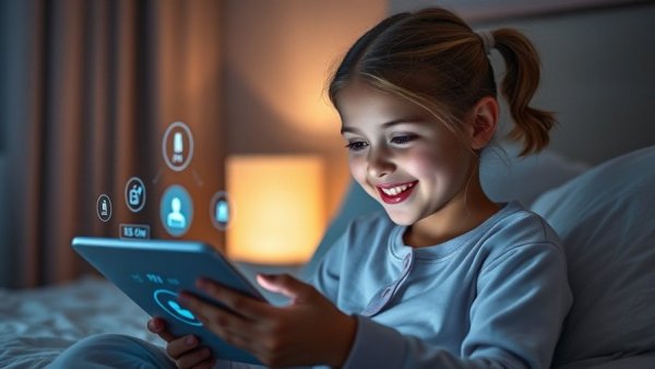 Child using AI learning assistant in a cozy bedroom setting.