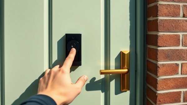 Pressing video doorbell on brick wall next to modern green door.