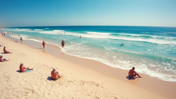 People enjoying the beach on a sunny day, vibrant waves, ghost vacationing theme.