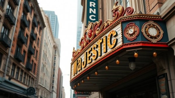 Classic Majestic theater sign in San Antonio, highlighting arts events.