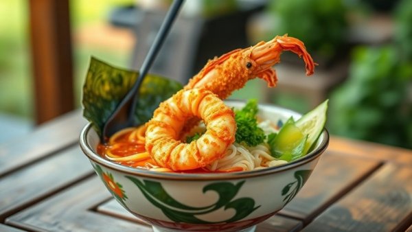 Delicious ramen and shrimp at San Antonio restaurants, outdoor dining.