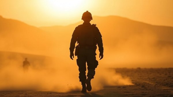 Military silhouette walking through sunlight and dust, symbolizing life after TBI in the military.