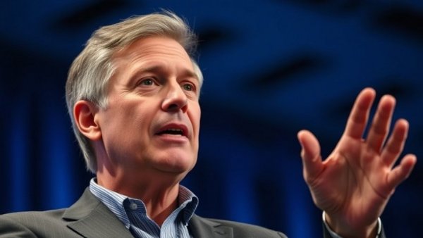 Confident speaker discussing effective meetings with dynamic gestures.