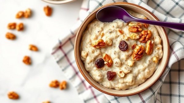 Healthy oatmeal breakfast with nuts and raisins on a checkered cloth.