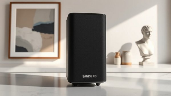 Modern Samsung Music Studio speaker on stylish countertop with art and decor.
