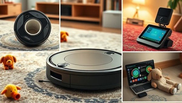 Collage showing 2026 robot vacuum upgrades with dust compartment, vacuum on carpet, and interface.
