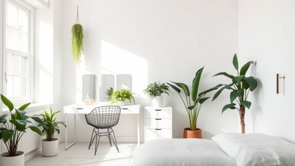 Minimalist bedroom with white walls and lush plants, 2026 paint trends.