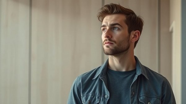 Thoughtful man indoors near wooden panel, AI-generated video creators.