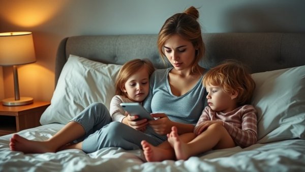 Mother and children in morning school routine, feeling tired.