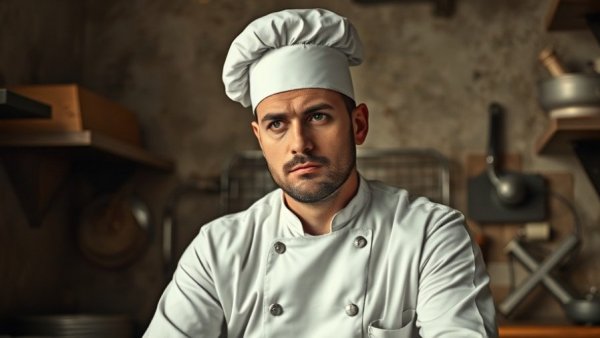 Professional chef in rustic San Antonio restaurant setting.