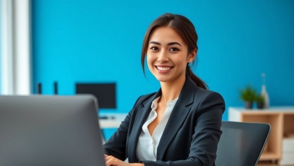 Confident woman in office setting discussing candidate experience.