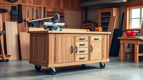 Mobile miter saw station with ample storage and caster wheels in a workshop.
