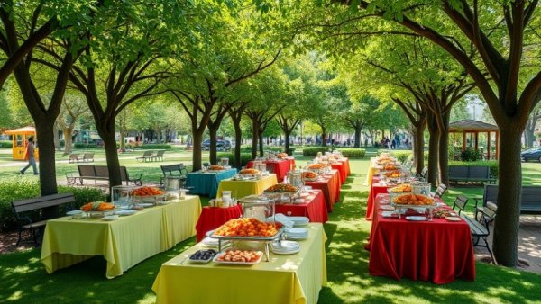 Six Flags Fiesta Texas outdoor event setup with buffet table.