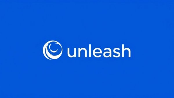 Minimalistic blue 'unleash' logo with a swirling design