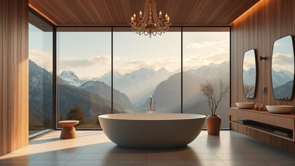 Luxurious bathroom with a freestanding tub and mountain view, modern design.