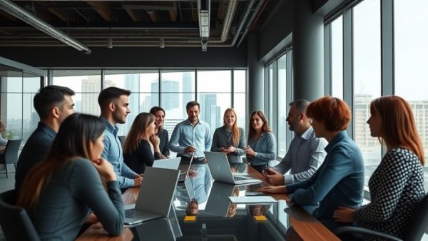 Team discussing AI in workplace automation, modern conference room.