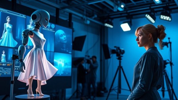 Futuristic AI fashion shoot merging digital and traditional elements.