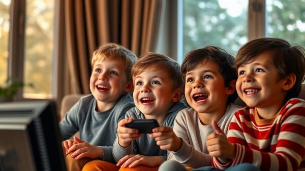 Children watching after-school TV shows with happy expressions.