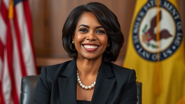 Professional woman smiling, illustrating HR compliance and labor laws backdrop.