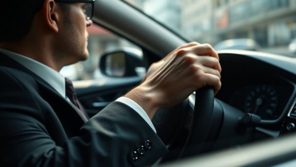 Man in suit driving a modern car, focus on hands on steering wheel.