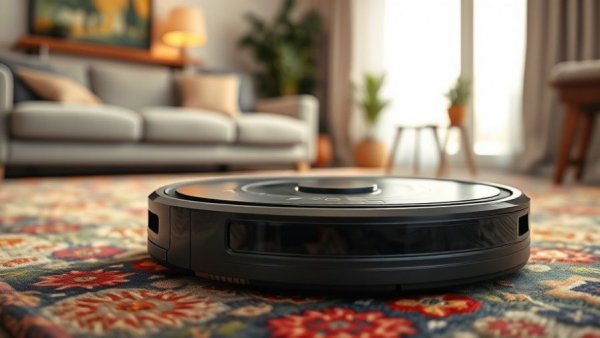 Smart robotic vacuum cleaner on a patterned carpet in a cozy living room.