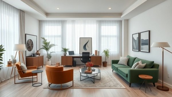 Modern home office setup with stylish furniture and decor.