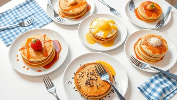 Assorted pancakes on colorful plates with forks, healthy family meals.