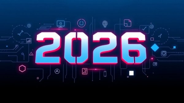 Futuristic 2026 design with tech icons and dark blue background.