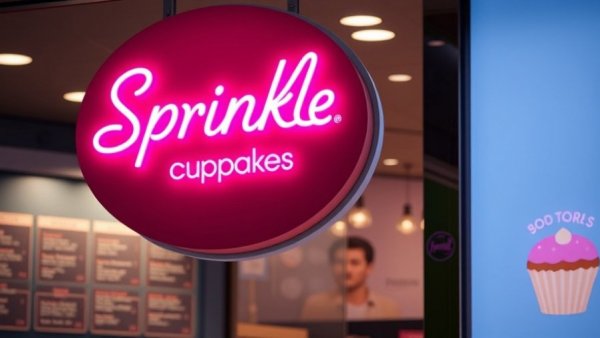 Sprinkles Cupcakes store sign with menu in background.