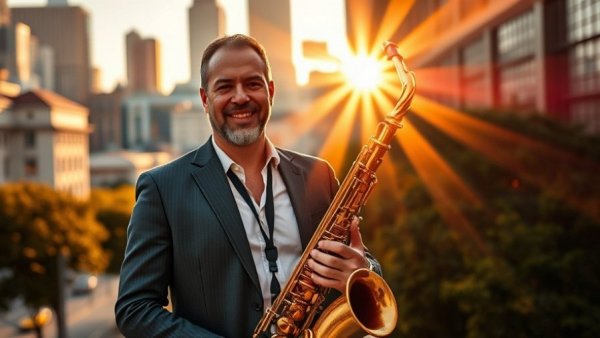 Confident man with saxophone in San Antonio cityscape.