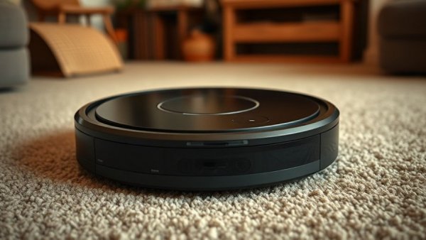 Modern black Roomba on carpet highlighting design in living room.