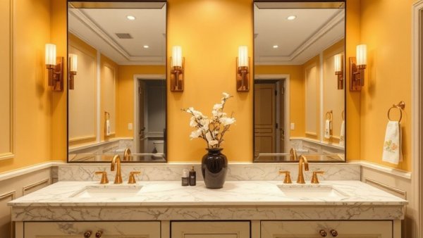 Elegant bathroom with marble vanity and golden accents for luxury design.