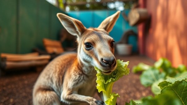 Kangaroo enjoying lettuce in vivid enclosure, San Antonio cultural festivals.
