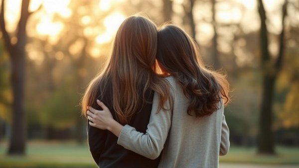 Teenage communication shown through a warm embrace at sunset.