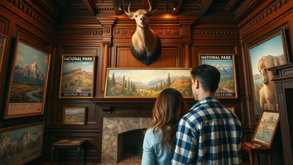 Museum visitors explore exhibits in San Antonio, showcasing vibrant park posters.