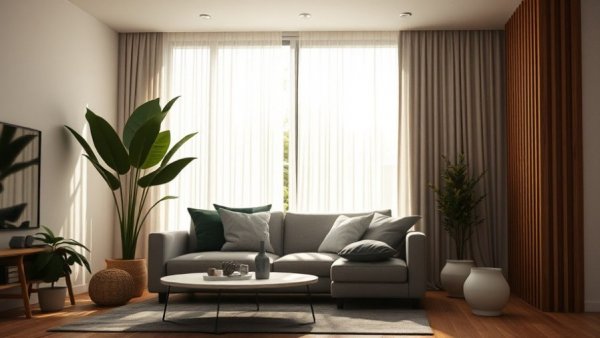 Modern living room showcasing window treatment regrets with sheer curtains.