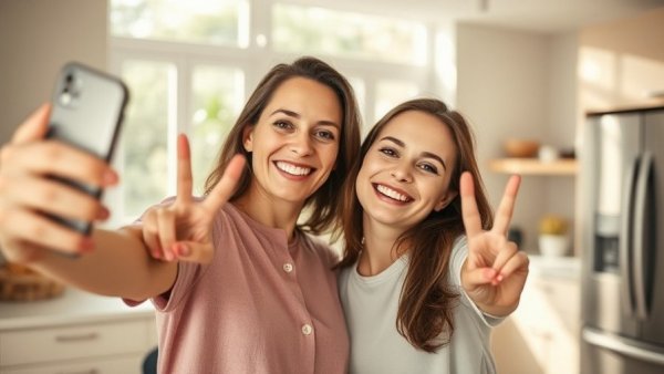 Mother and daughter embracing digital habits with a fun selfie in kitchen.