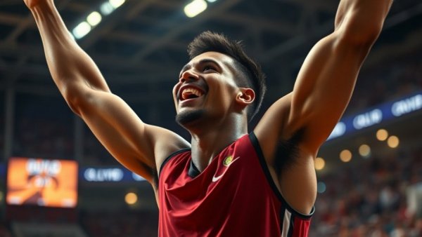 Dynamic athlete raising arms in stadium under warm lights.