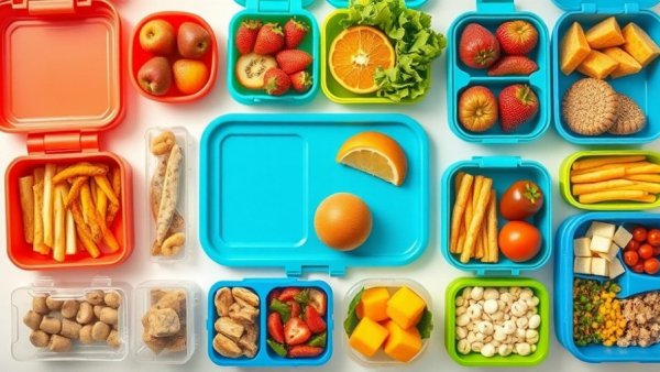 Healthy toddler lunch ideas displayed in colorful boxes.