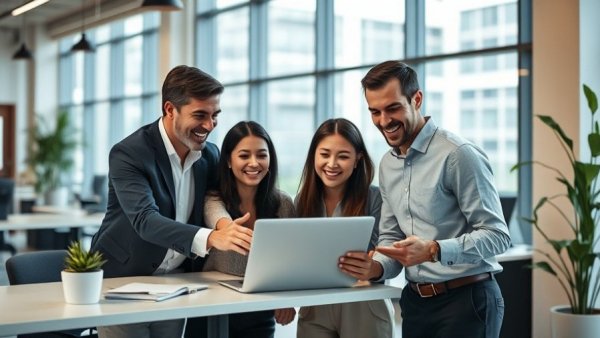 Professionals collaborating in office on hiring trends.