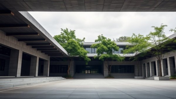 Modern pavilion in Seguin with concrete courtyard and green trees.