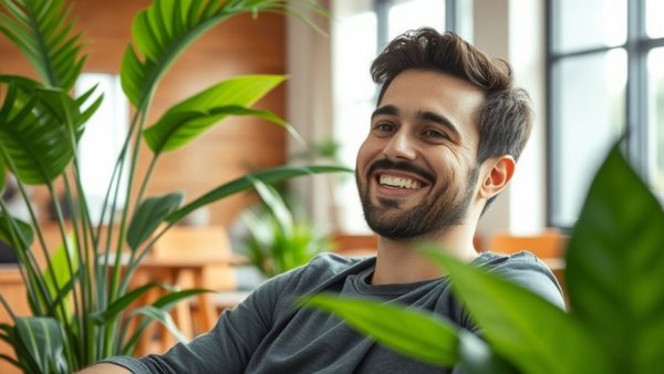 Friendly man smiling indoors with modern plants; artificial intelligence news.