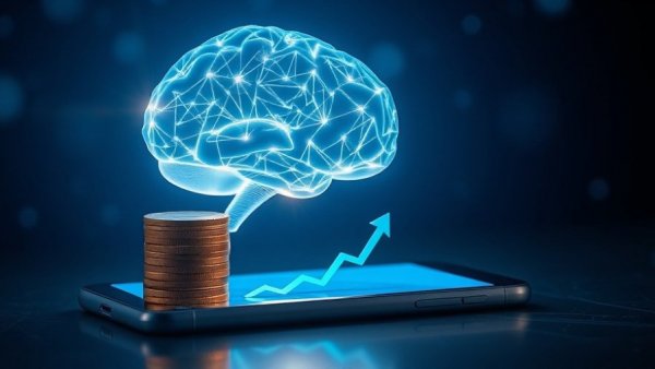 AI learning assistants in education concept with glowing brain and coins.