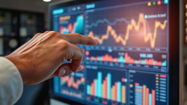 Future of work automation represented by a hand pointing at financial graphs on a screen.